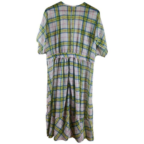 Torrid Plus Sz 1 Tie-Waist Plaid Duster Kimono Yellow Blue Pink Midi Cover-Up - Picture 10 of 13
